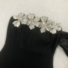 Delyth Black Crystal Flower Embellished Maxi Gown with Dramatic Sleeve