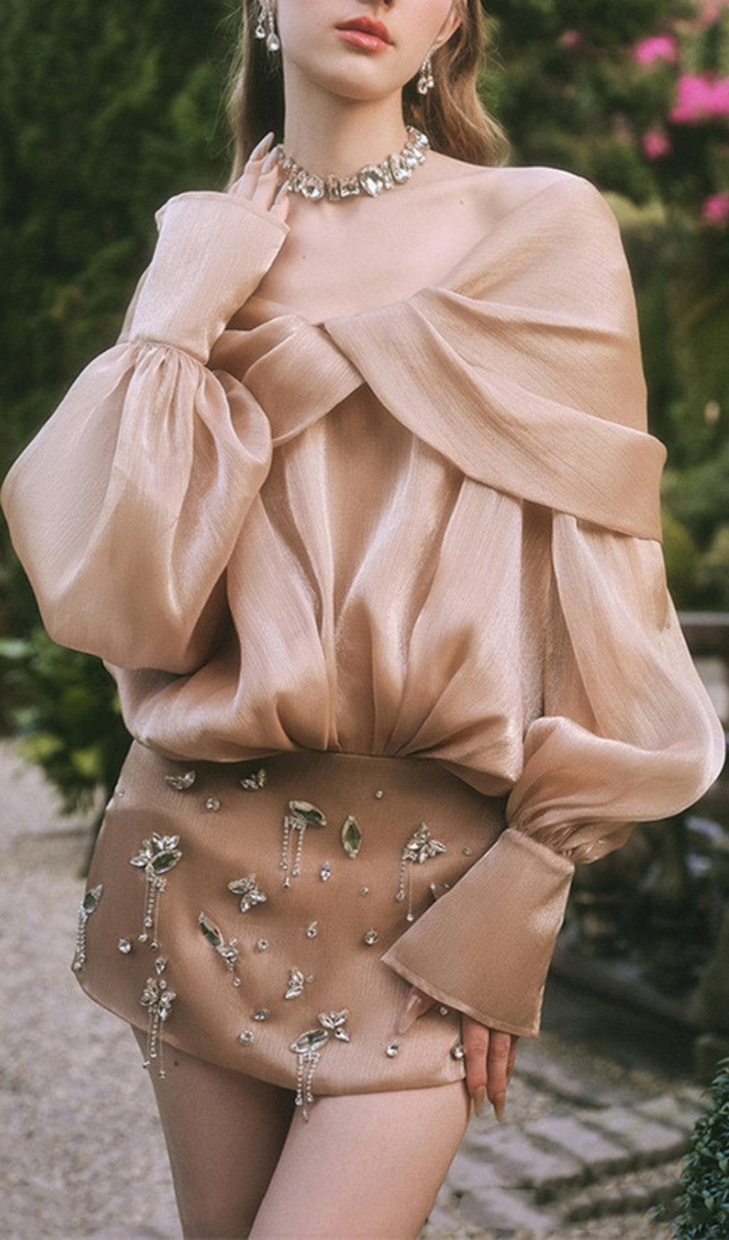 Dagmar Glimmering Khaki Off-Shoulder Rhinestone Mini Dress