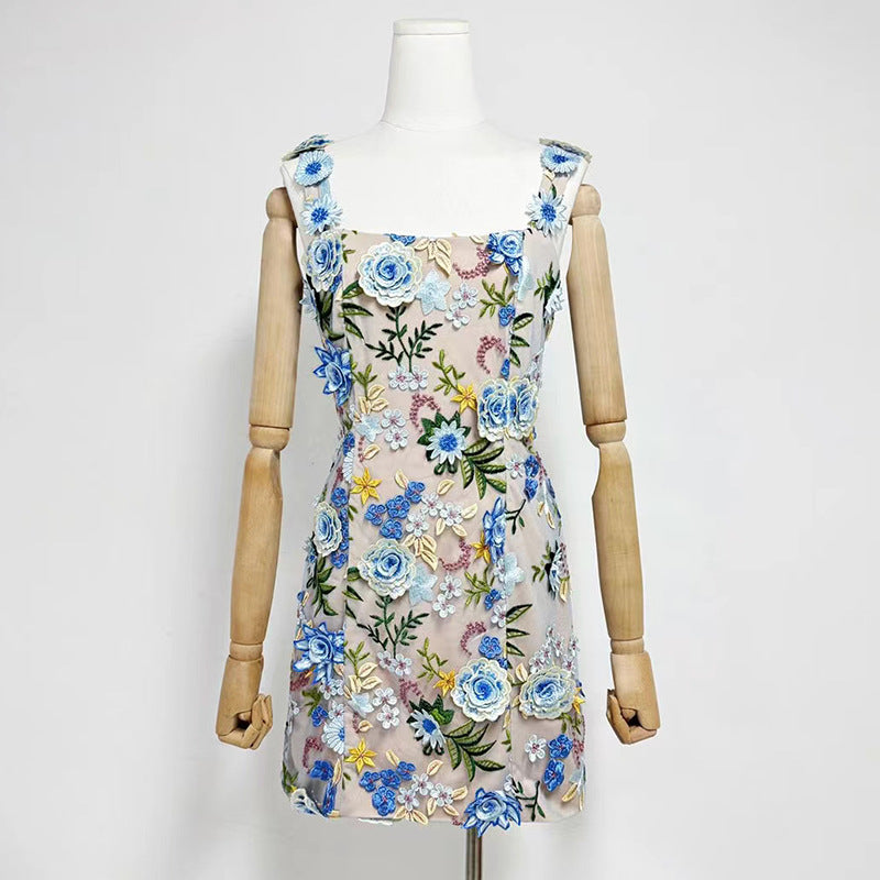 Fyodor Blush Bloom Floral Embroidery Strappy Mini Dress