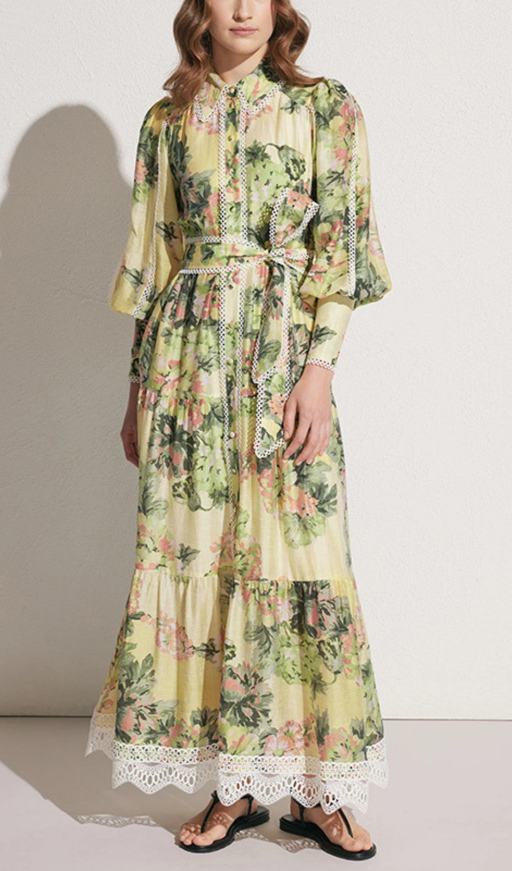 Yedda Floral Print Puff Sleeve Lace Trim Maxi Dress