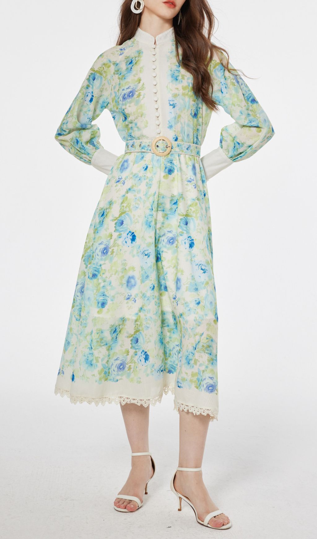 Chic Green & Blue Floral Long Sleeve Midi Dress