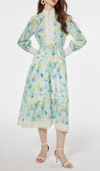 Chic Green & Blue Floral Long Sleeve Midi Dress