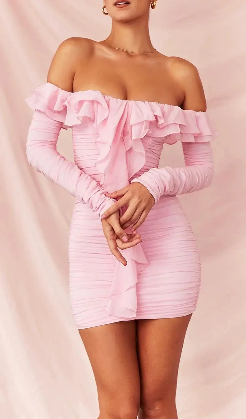 Flirty Pink Ruffled Off-Shoulder Ruched Mini Dress