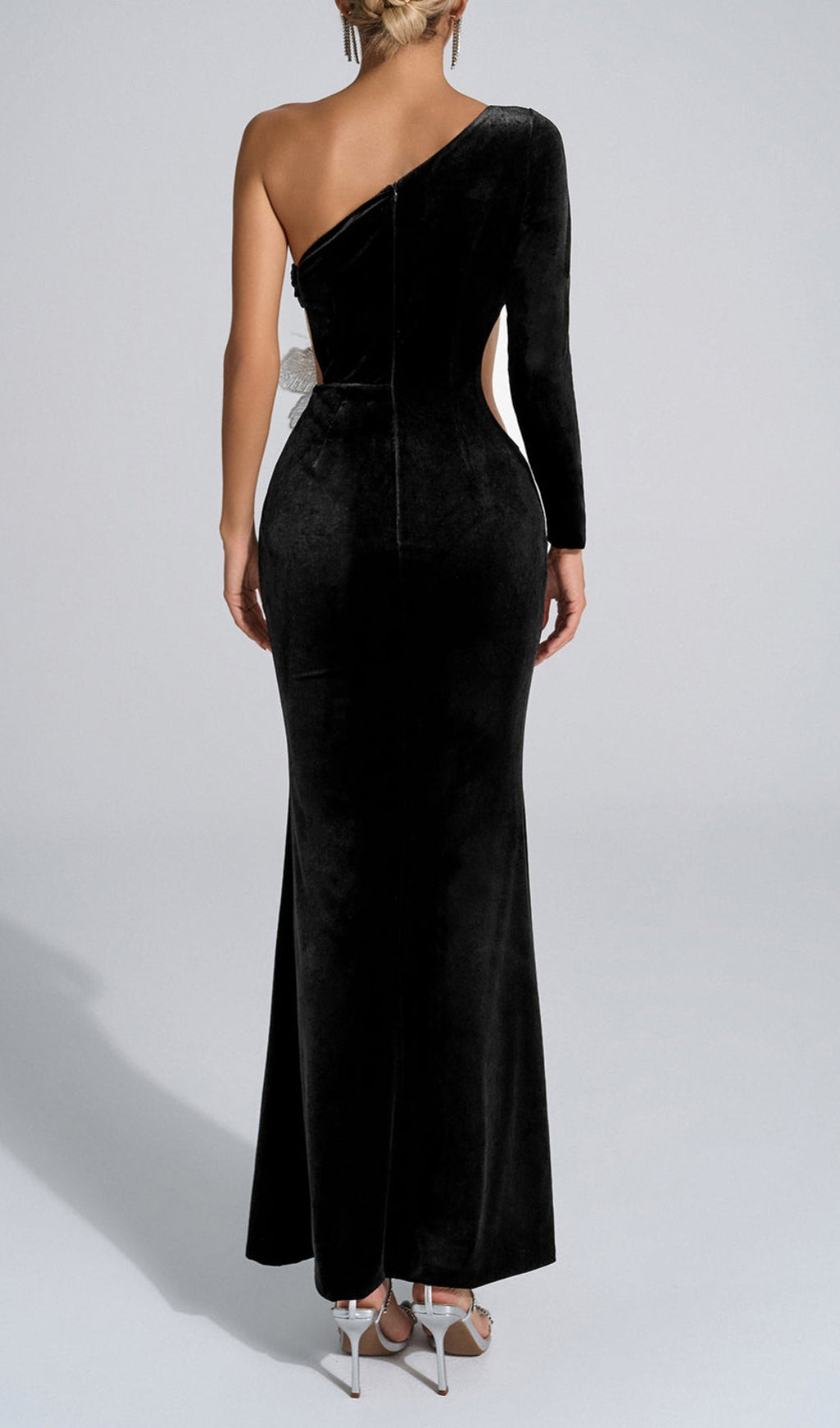 Bariah Black One Shoulder Velvet Maxi Gown with Floral Embellishment & Cutout