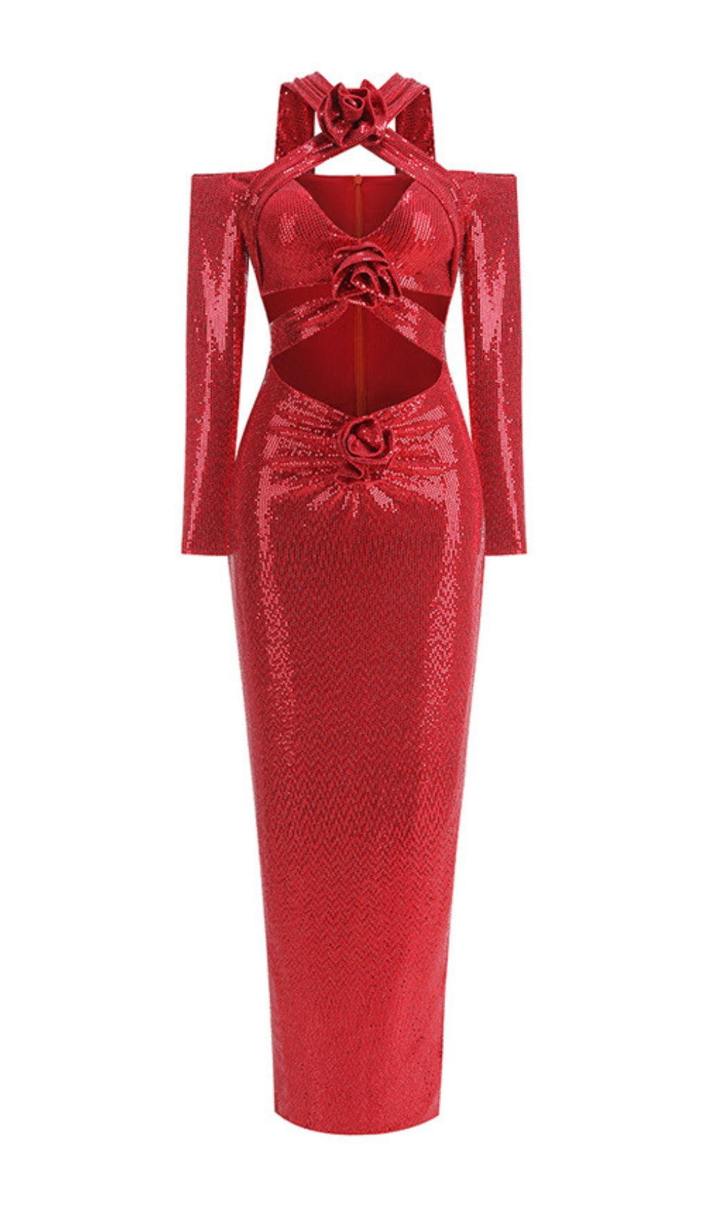 Benigno Show-Stopping Fuchsia Sequin Halter Cutout Maxi Dress