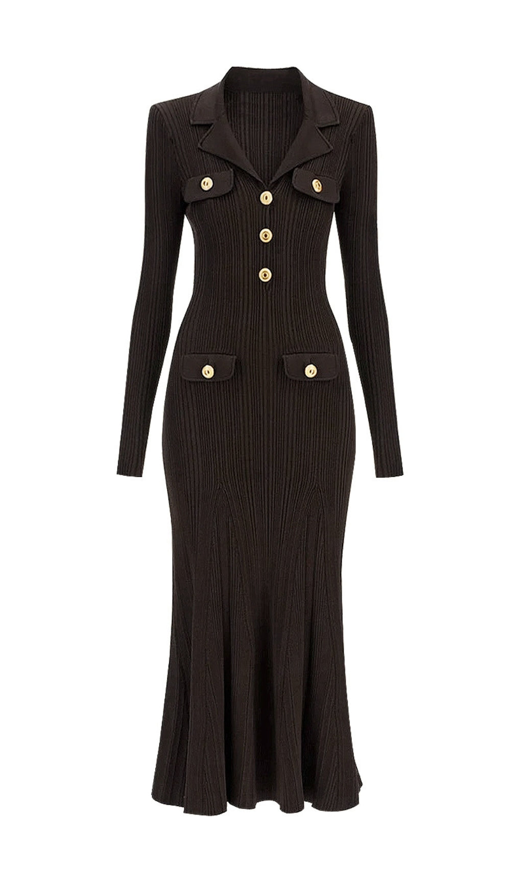Clidhna Elegant Gold Button Ribbed Knit Midi Dress