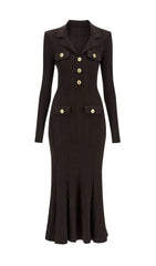 Clidhna Elegant Gold Button Ribbed Knit Midi Dress