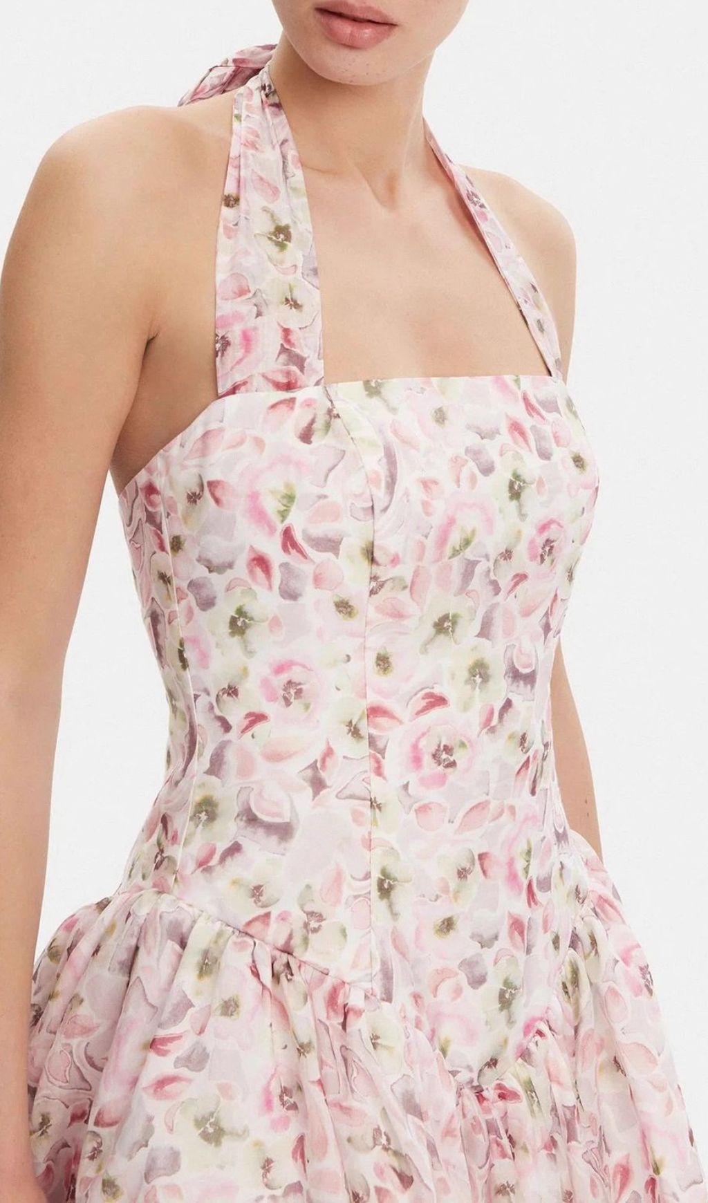 Herv Vibrant Pink Floral Halter Mini Dress