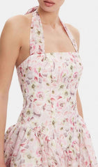 Herv Vibrant Pink Floral Halter Mini Dress
