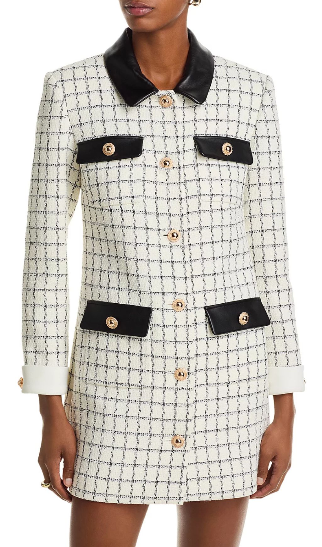 Luxe Windowpane Boucl Mini Dress with Leather Trim & Gold Buttons