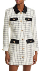 Luxe Windowpane Boucl Mini Dress with Leather Trim & Gold Buttons