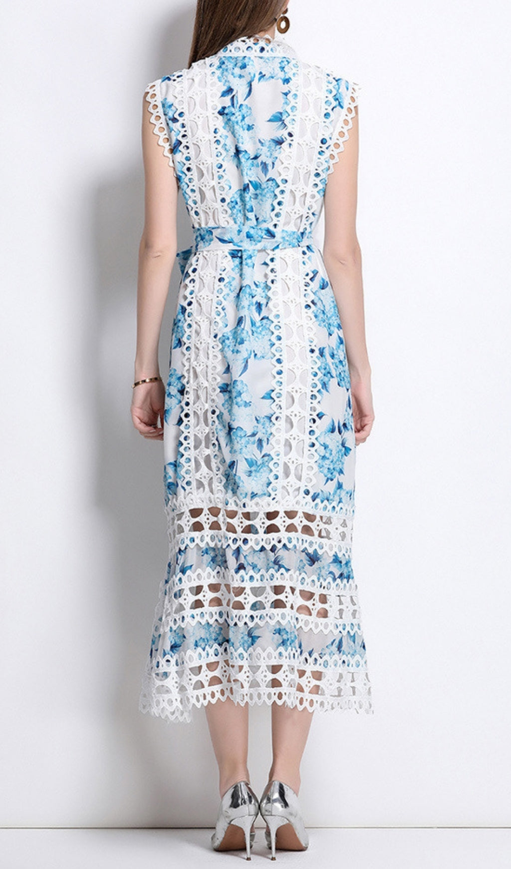 Errin Chic Blue Floral Lace Hollow Out Midi Dress