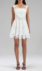 Evodia Flirty Red Embroidered Mini Dress with Chic Eyelet Cutouts & Belt