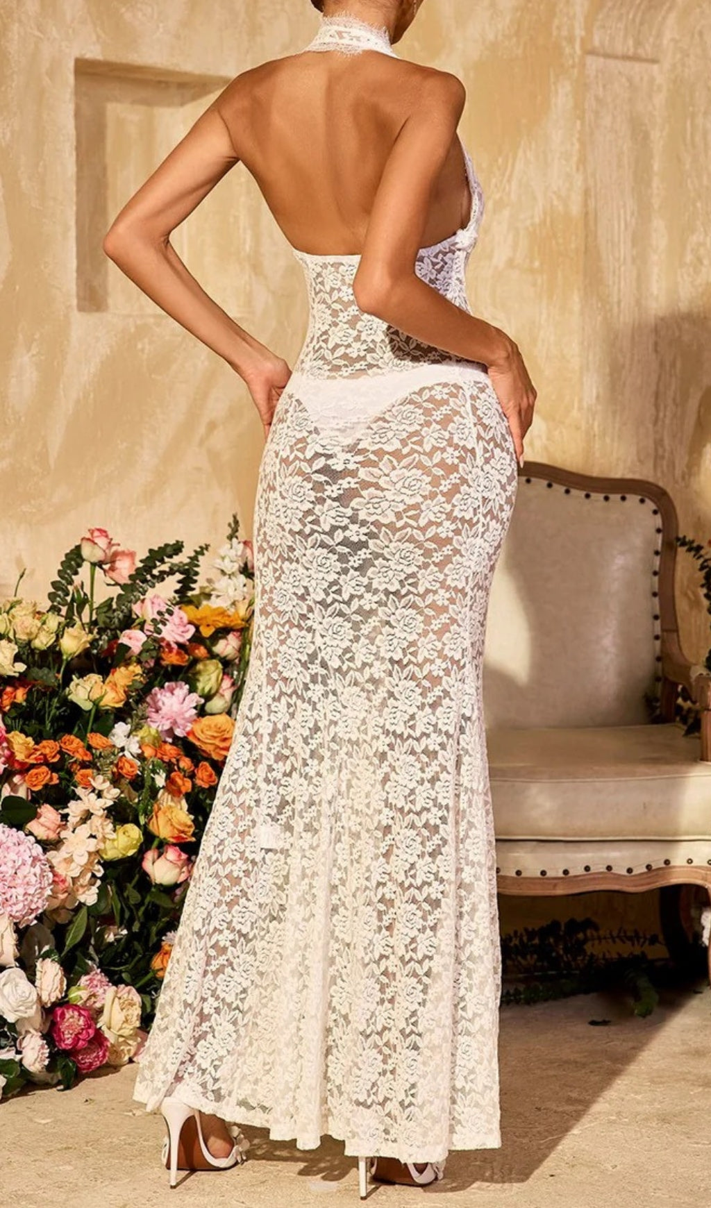 Ravhyx Alluring Halterneck Cutout Lace Maxi Dress for Women