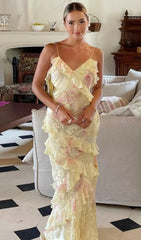 Brocha Ethereal Yellow Floral Ruffle Maxi Dress