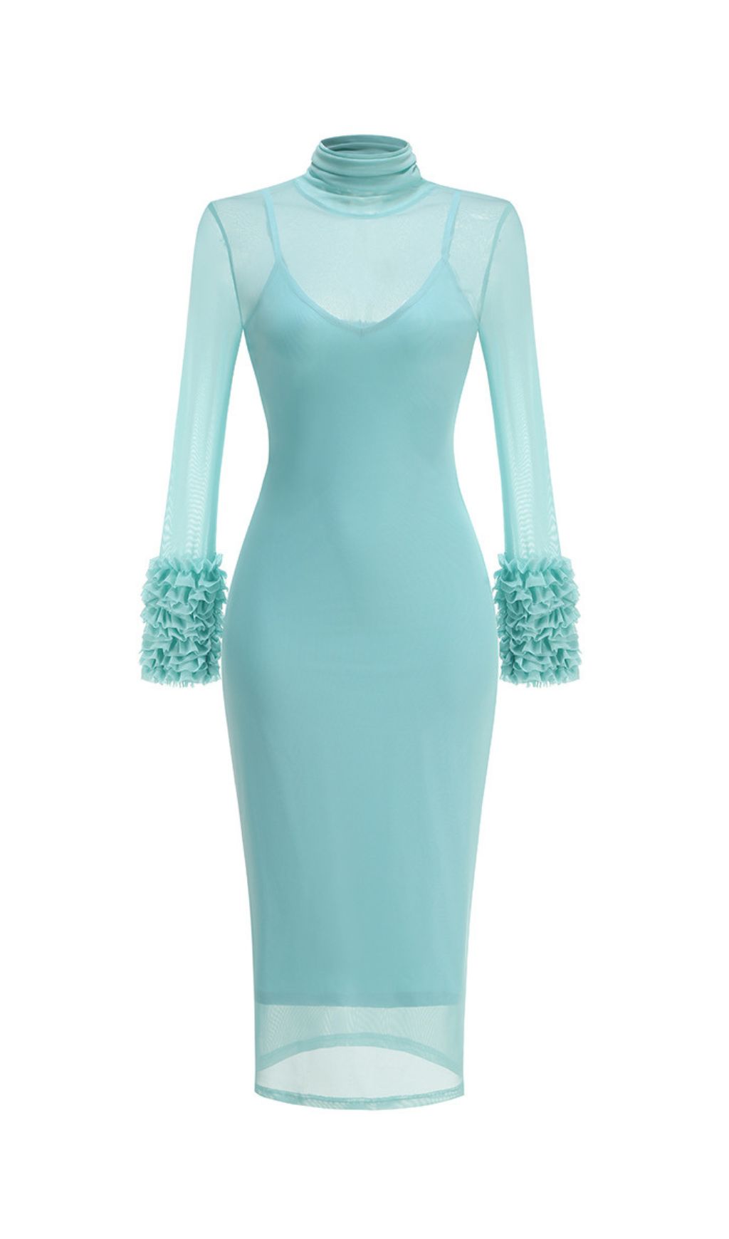 Fabunni Ethereal Aqua Blue Sheer Mesh Midi Dress