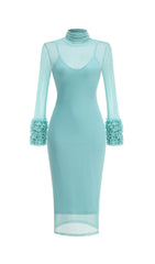 Fabunni Ethereal Aqua Blue Sheer Mesh Midi Dress