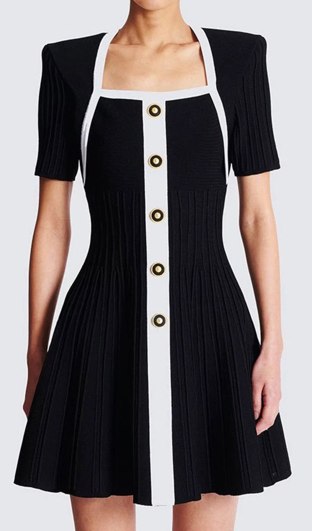 Gudrun Chic Black & White Square Neck Knit Mini Dress with Gold Button Accents