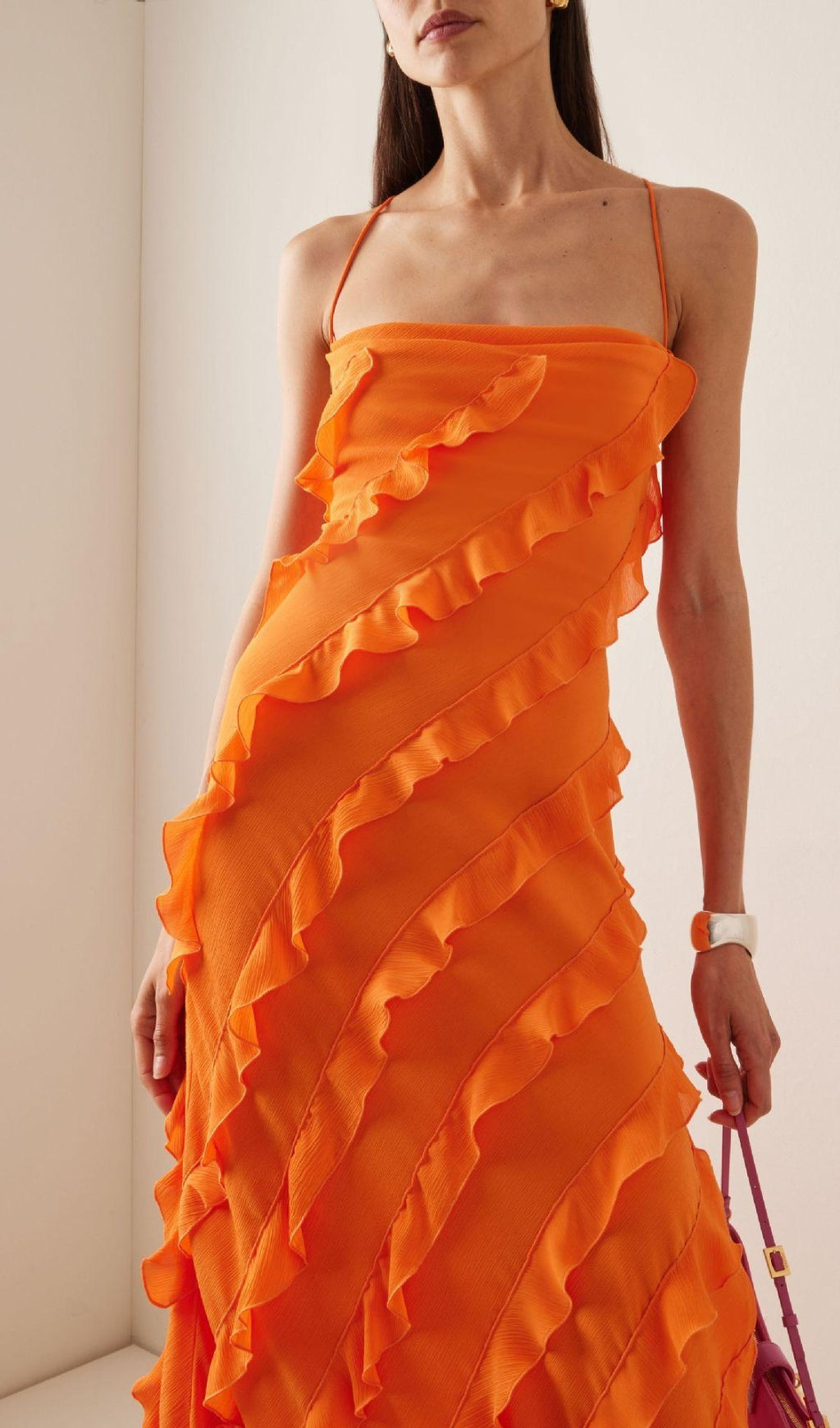 Vibrant Orange Ruffled Maxi Dress with Adjustable Straps & Side Slit