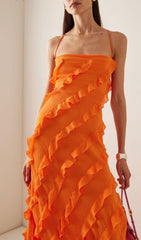 Vibrant Orange Ruffled Maxi Dress with Adjustable Straps & Side Slit