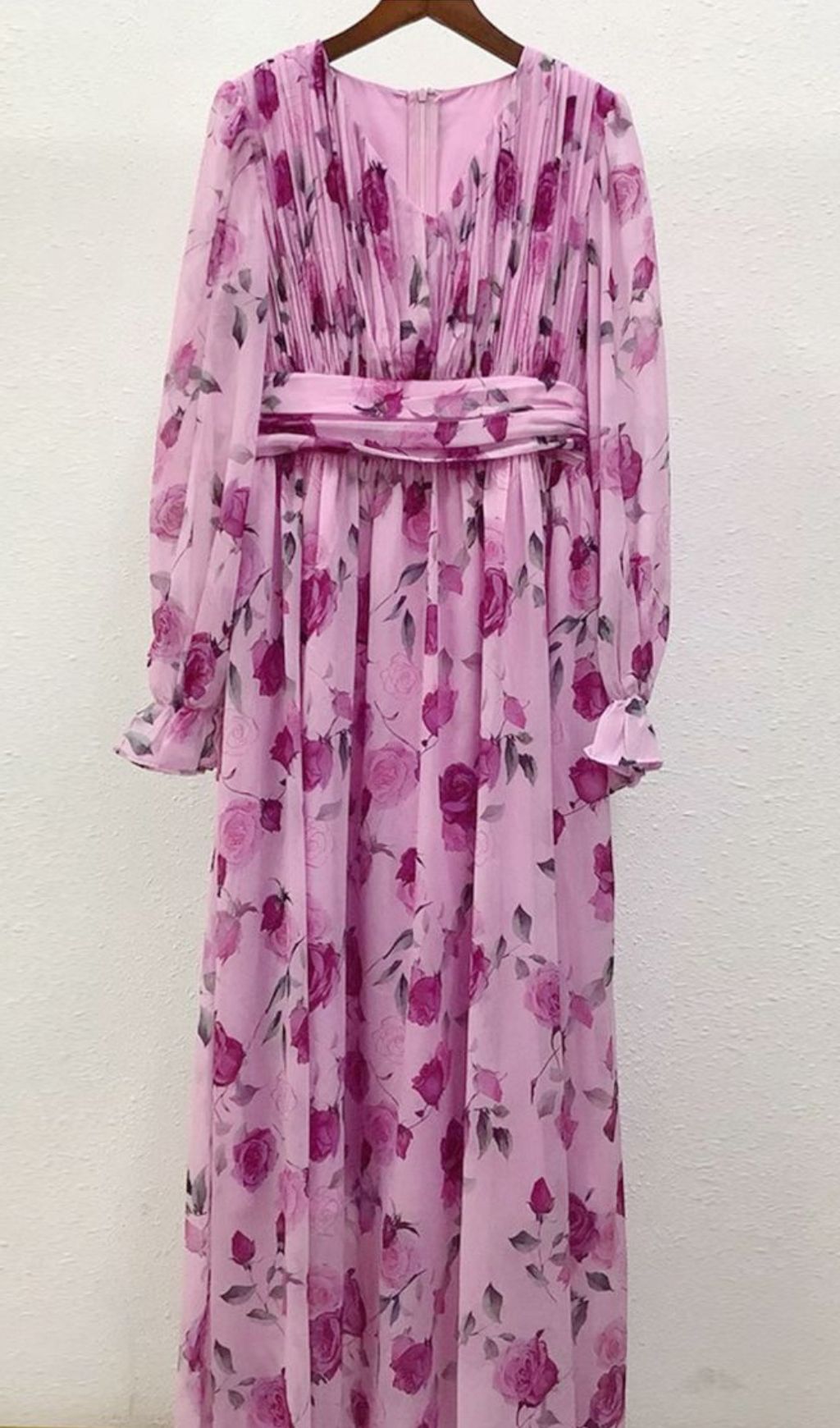 Romantic Pink Rose Floral Long Sleeve Maxi Dress