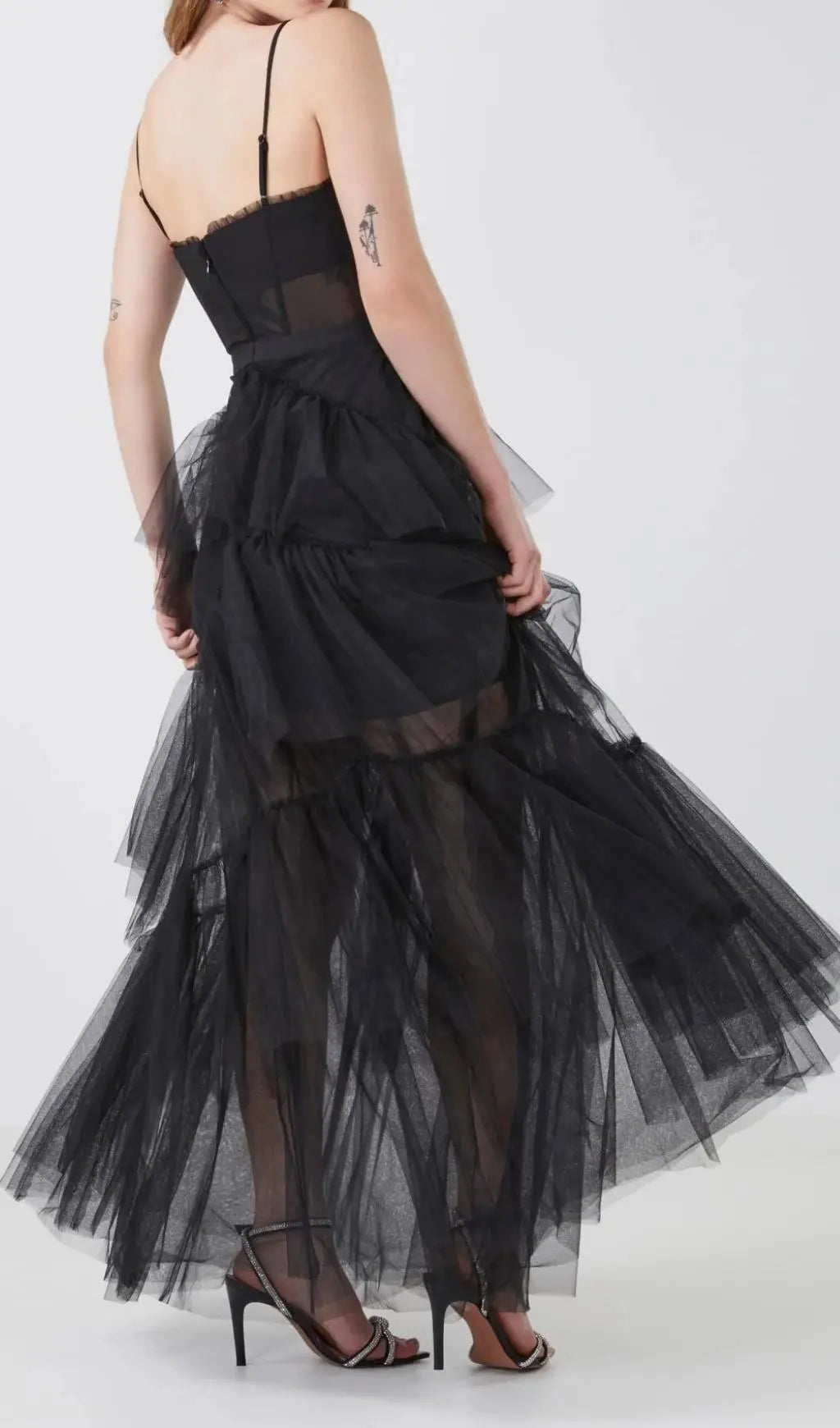 Glamorous Corset Bodice Tiered Ruffle Tulle Maxi Evening Dress