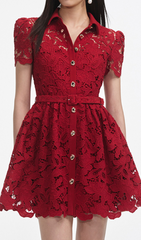 Gasha Vibrant Red Lace Belted Mini Dress