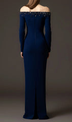 Stunning Eurybia Navy Off-Shoulder Crystal Embellished Maxi Gown