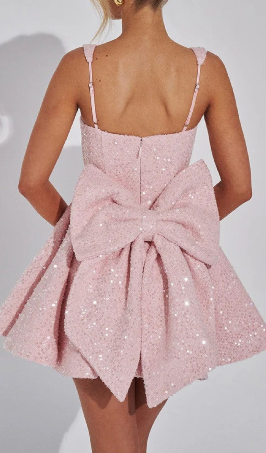 Sparkling Pink Sequin Bow Mini Dress