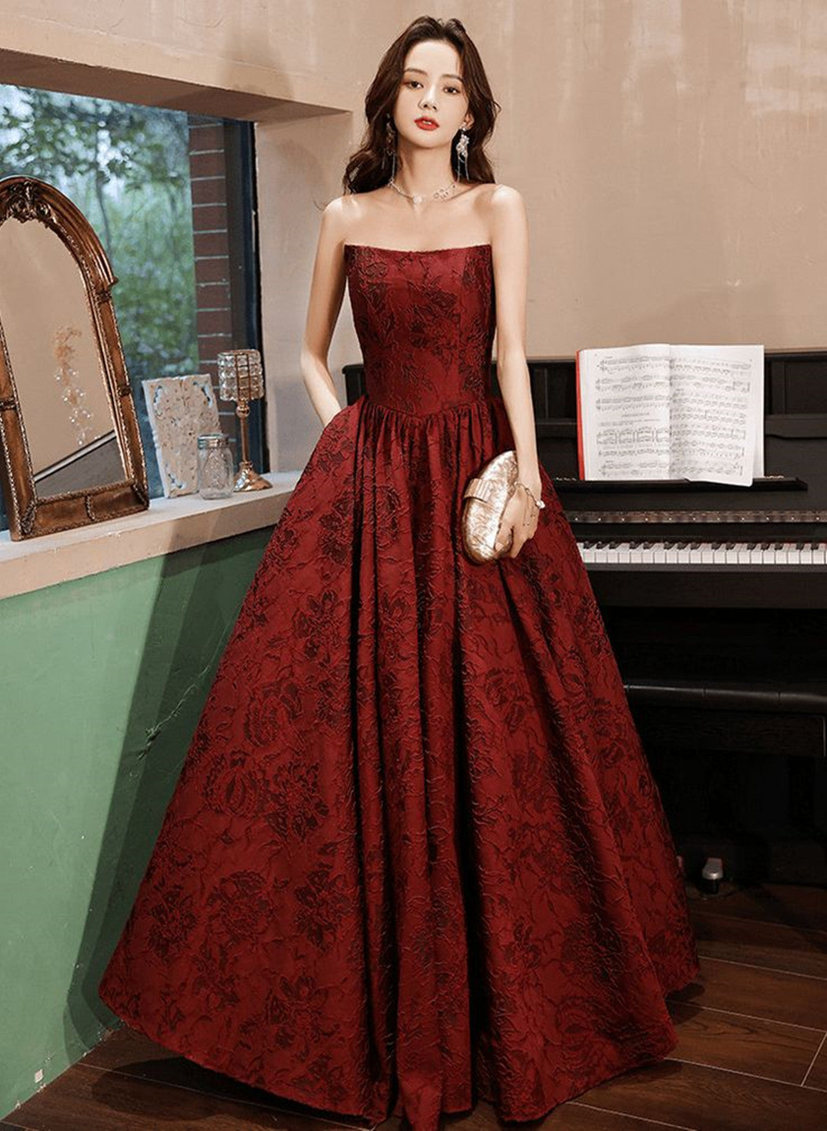 Wine Red Floral Satin Long Party Dress