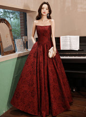 Wine Red Floral Satin Long Party Dress