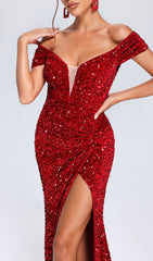 Showstopper Red Sequin Off-Shoulder Maxi Gown with Thigh Slit