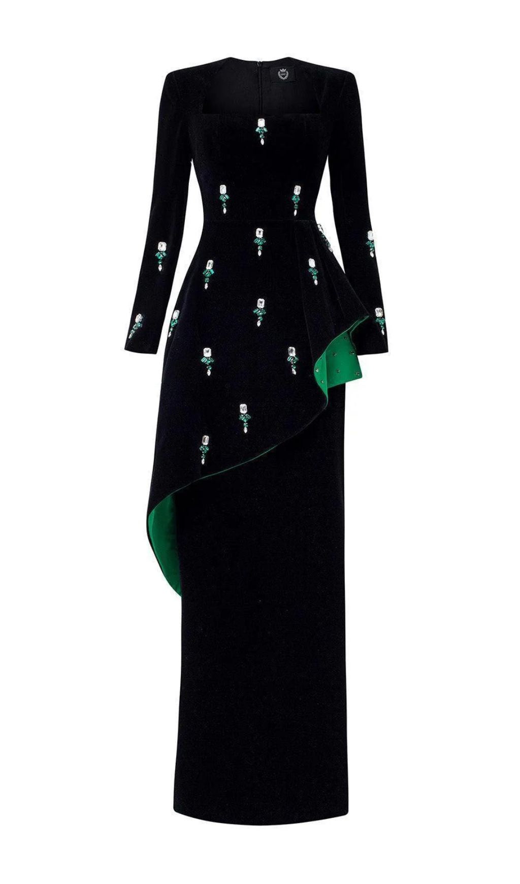 Hedya Black Velvet & Emerald Crystal Statement Maxi Gown