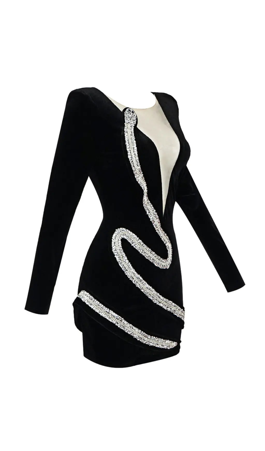 Dazzling Serpenta Rhinestone Deep-V Velvet Mini Dress