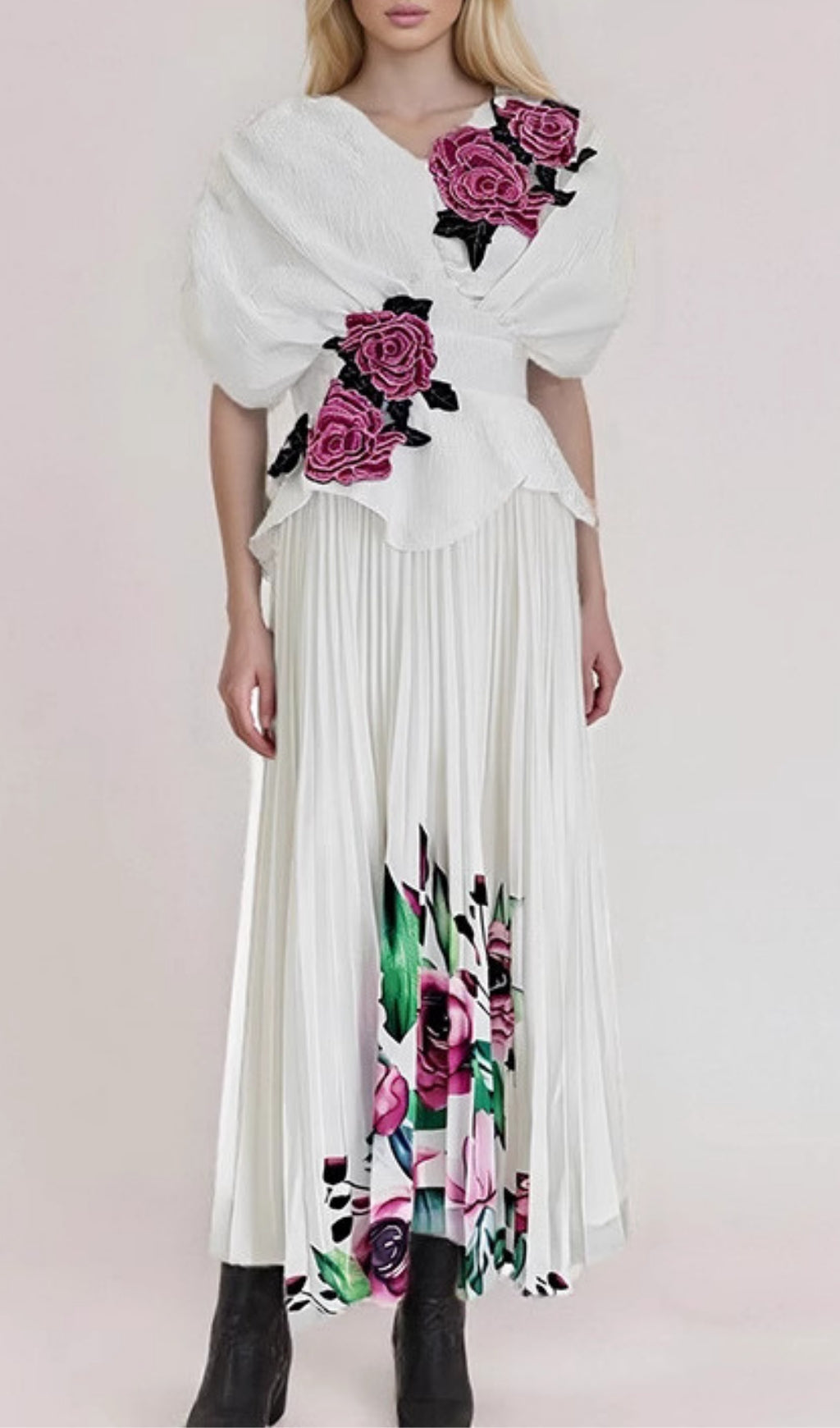 Fran White Floral Appliqu & Pleated Maxi Dress