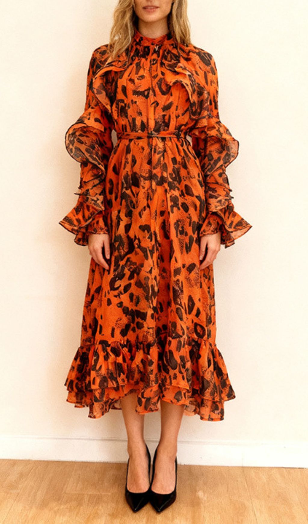 Chic Orange Leopard Ruffle Midi Dress