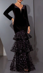 Hermine Black Velvet & Floral Mesh Long Sleeve Mermaid Evening Gown