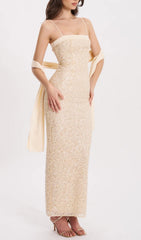 Raizel Luxe Gold Sequin & Beaded Bodycon Gown with Matching Scarf