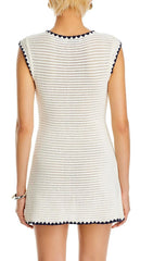 Chic White Crochet Mini Dress with Navy Trim & Gold Buttons