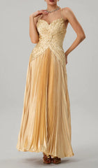 Jagtopo Elegant Champagne Gold Twisted Bodice Pleated Maxi Evening Gown