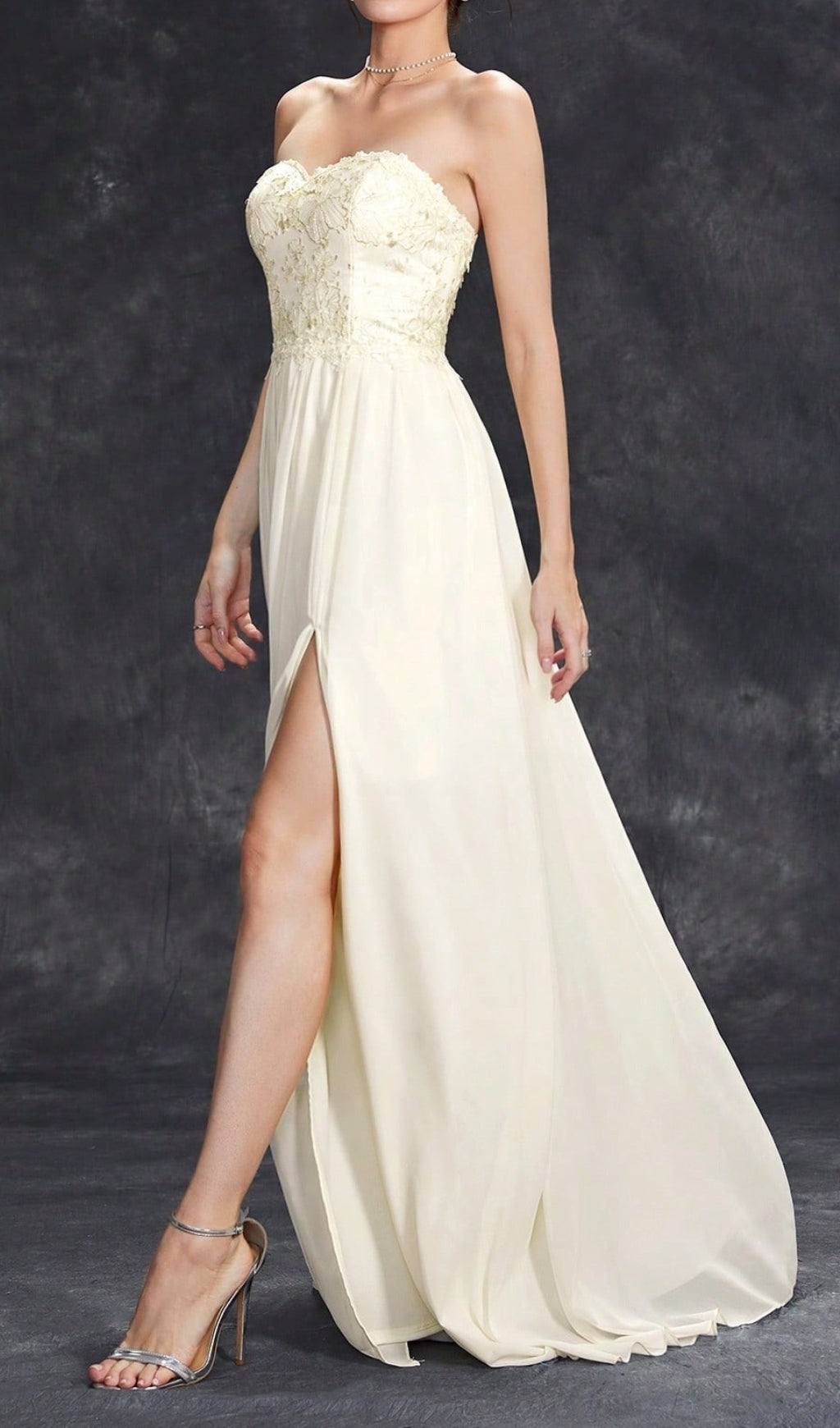 Demia Elegant Strapless Maxi Dress with Floral Lace Bodice & Thigh Slit