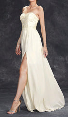 Demia Elegant Strapless Maxi Dress with Floral Lace Bodice & Thigh Slit