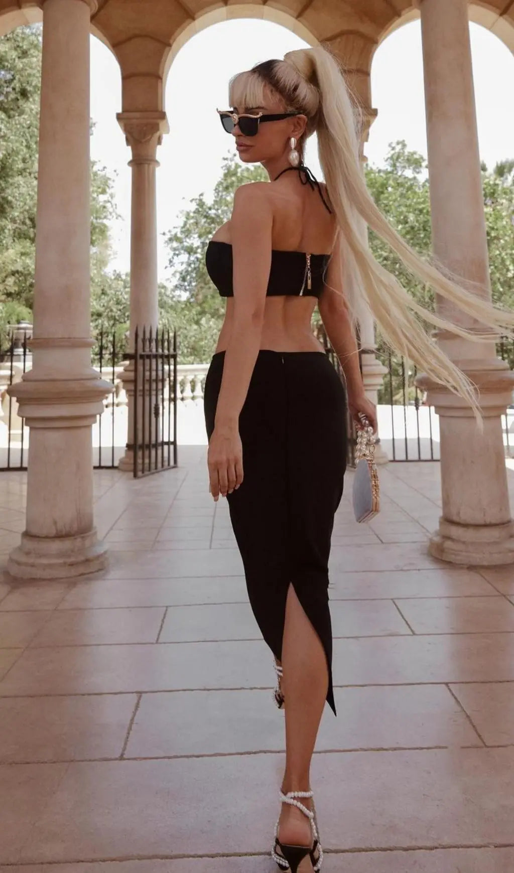 Sultry Black Halter Lace-Up Bandage Maxi Dress