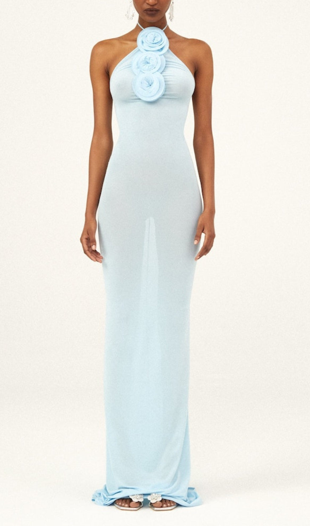 Elegant Sky Blue Floral Halter Maxi Gown