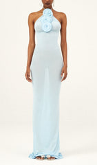 Elegant Sky Blue Floral Halter Maxi Gown
