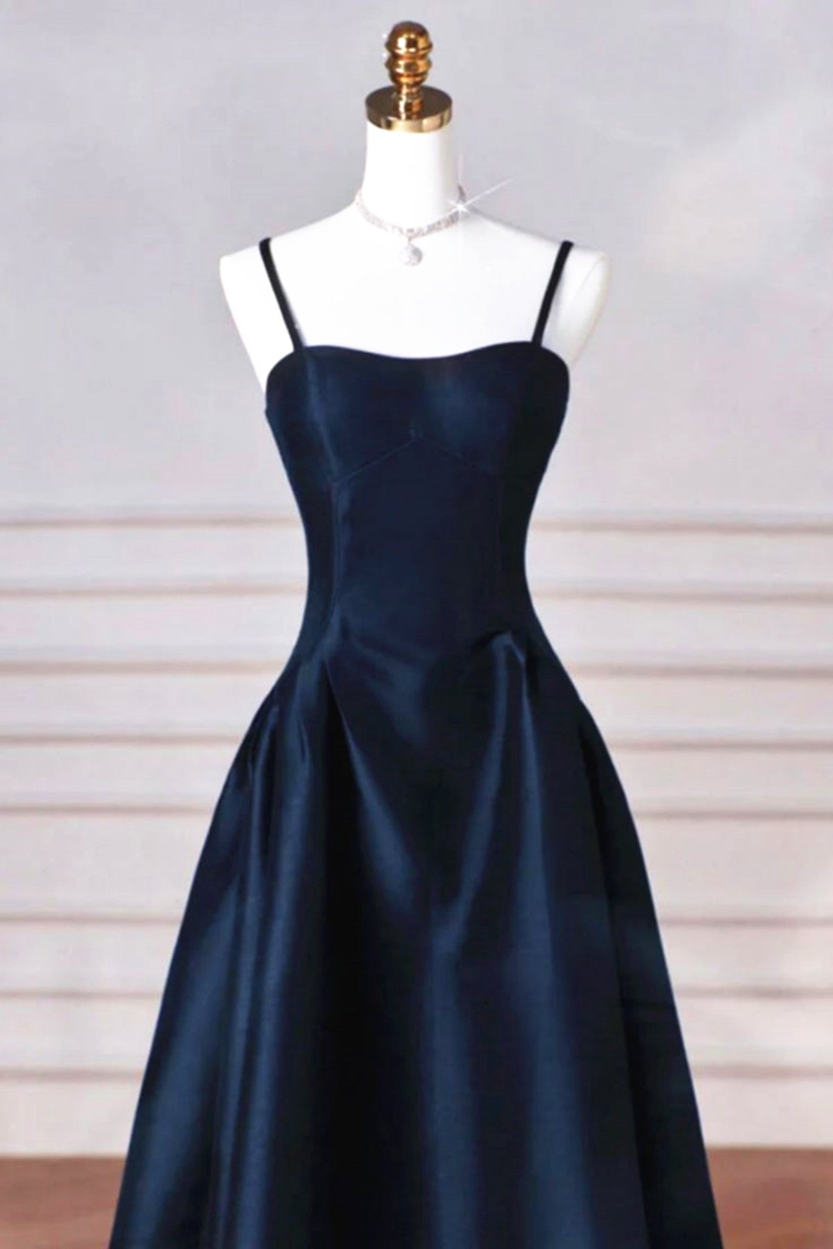 Simple Navy Blue Satin Straps Long Prom Dress