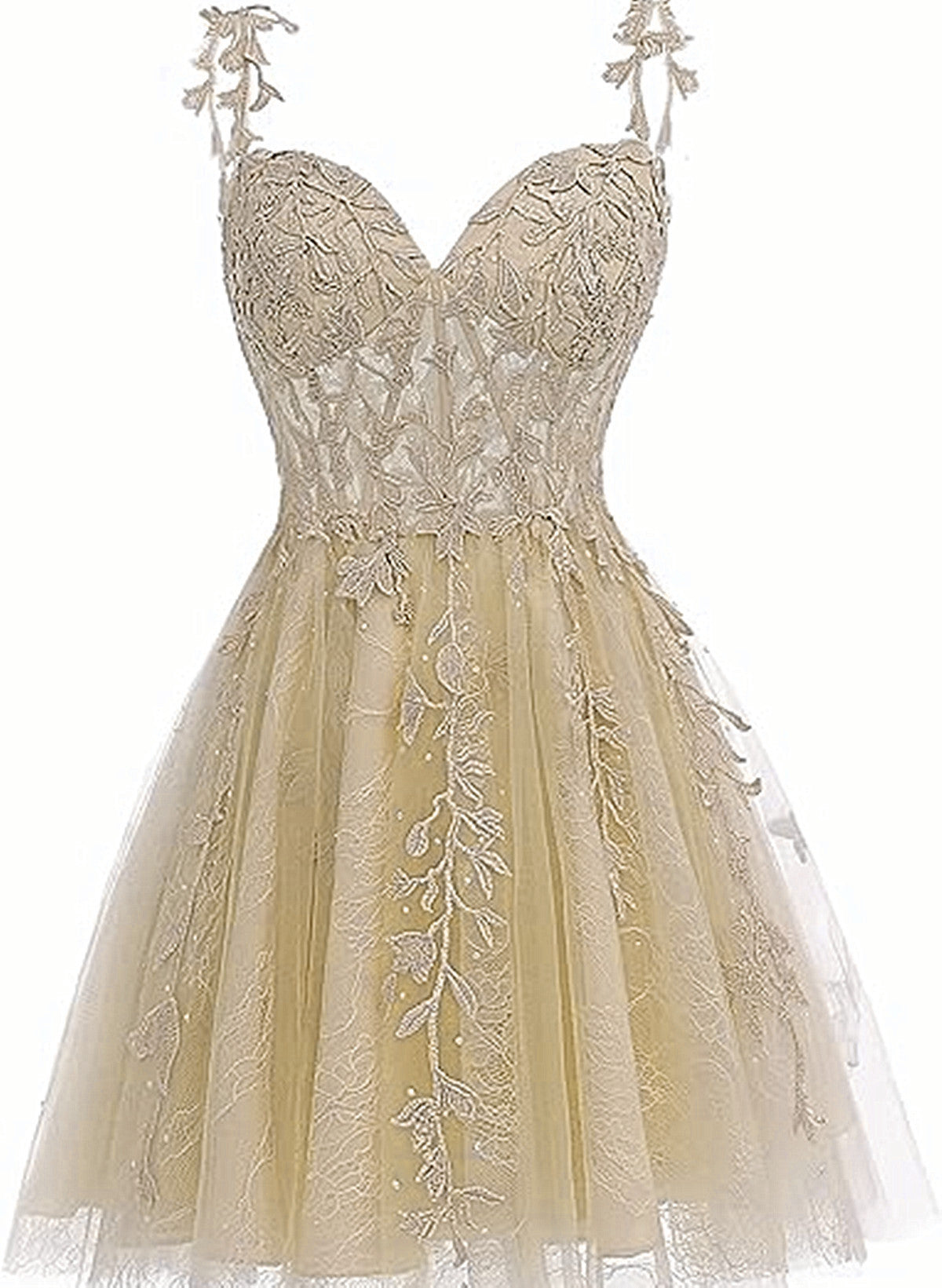 Lindo vestido corto de tul color champán con encaje para la fiesta de bienvenida 