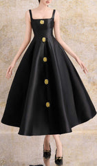 Gordie Elegant Black A-Line Midi Dress with Gold Button Embellishments