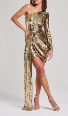 Glamorous Gold Sequin One-Shoulder Mini Dress