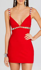 BERDINE Dazzling Red Rhinestone V-Neck Mini Dress